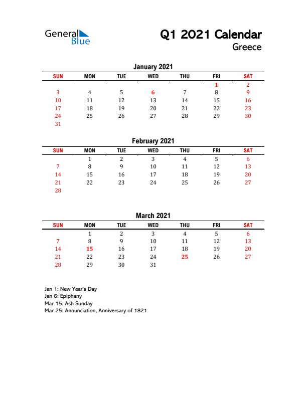 2021 Q1 Calendar with Holidays List for Greece