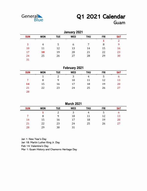 2021 Q1 Calendar with Holidays List for Guam