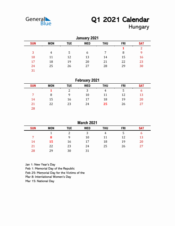 2021 Q1 Calendar with Holidays List for Hungary