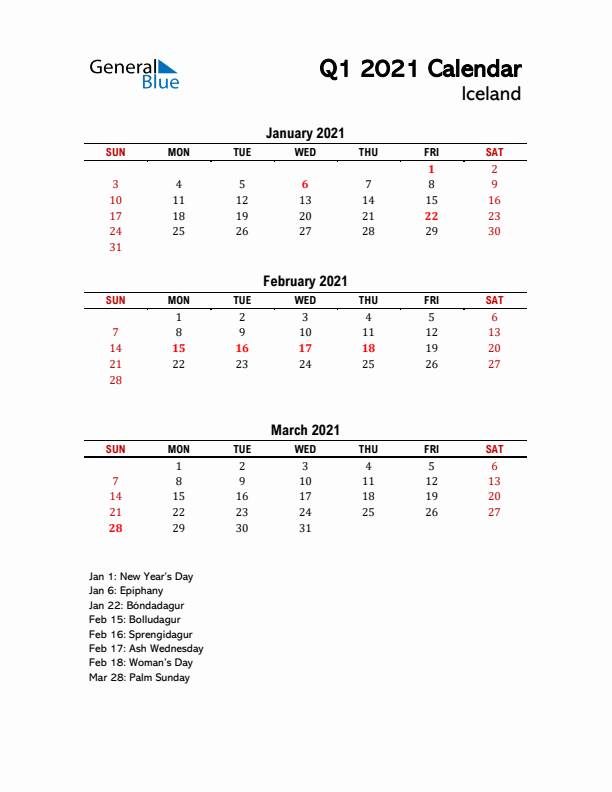 2021 Q1 Calendar with Holidays List for Iceland