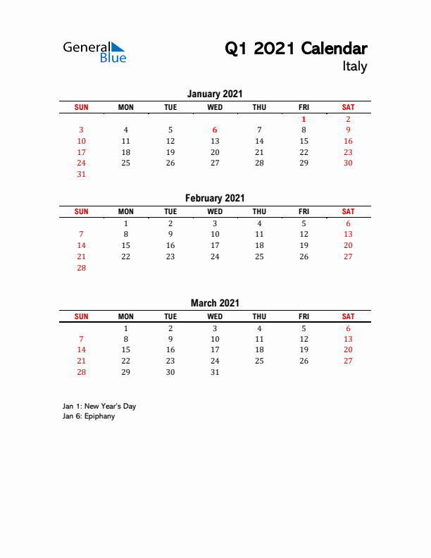 2021 Q1 Calendar with Holidays List for Italy