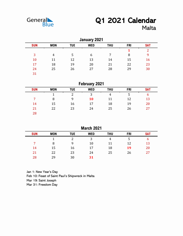 2021 Q1 Calendar with Holidays List for Malta