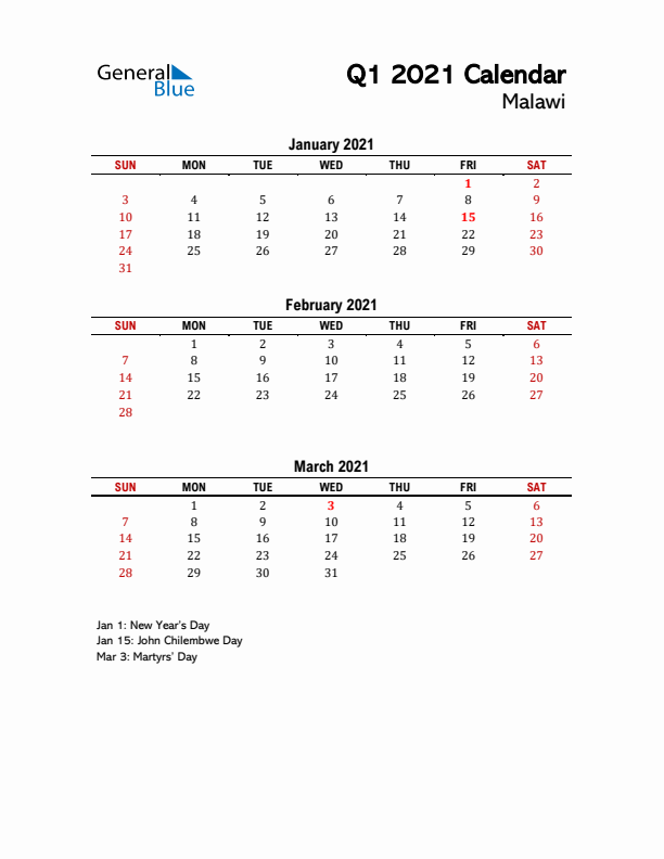 2021 Q1 Calendar with Holidays List for Malawi