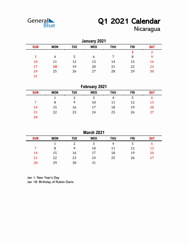 2021 Q1 Calendar with Holidays List for Nicaragua