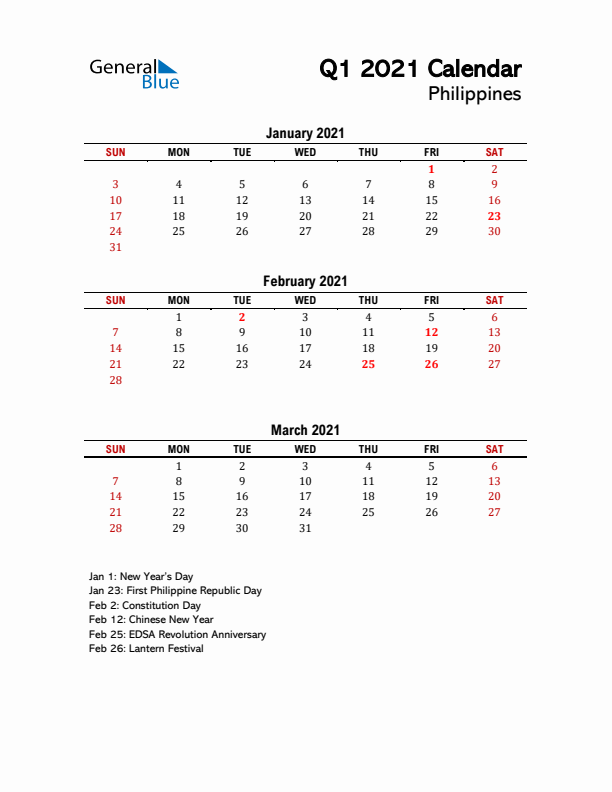 2021 Q1 Calendar with Holidays List for Philippines