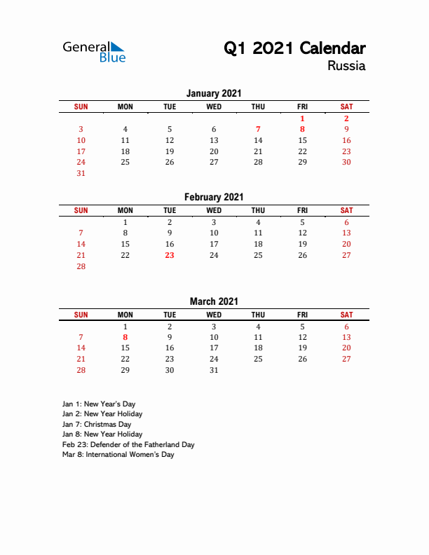 2021 Q1 Calendar with Holidays List for Russia