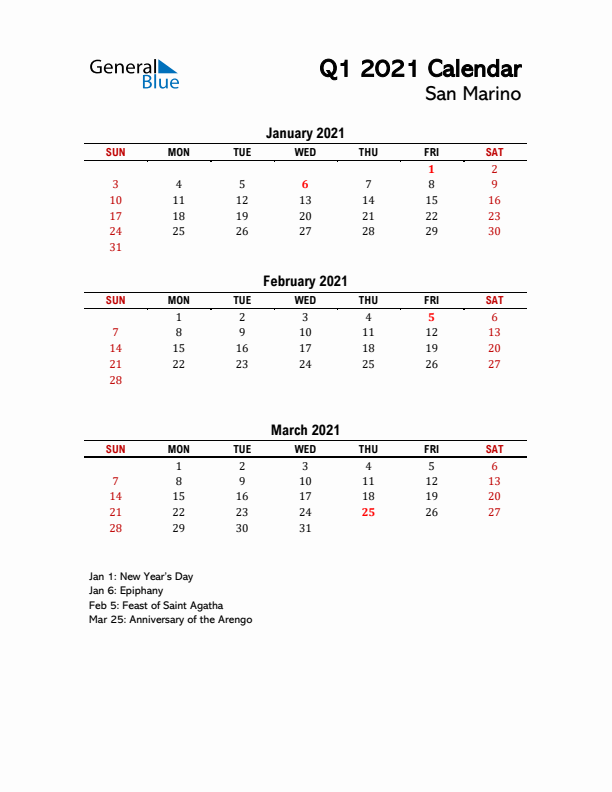 2021 Q1 Calendar with Holidays List for San Marino