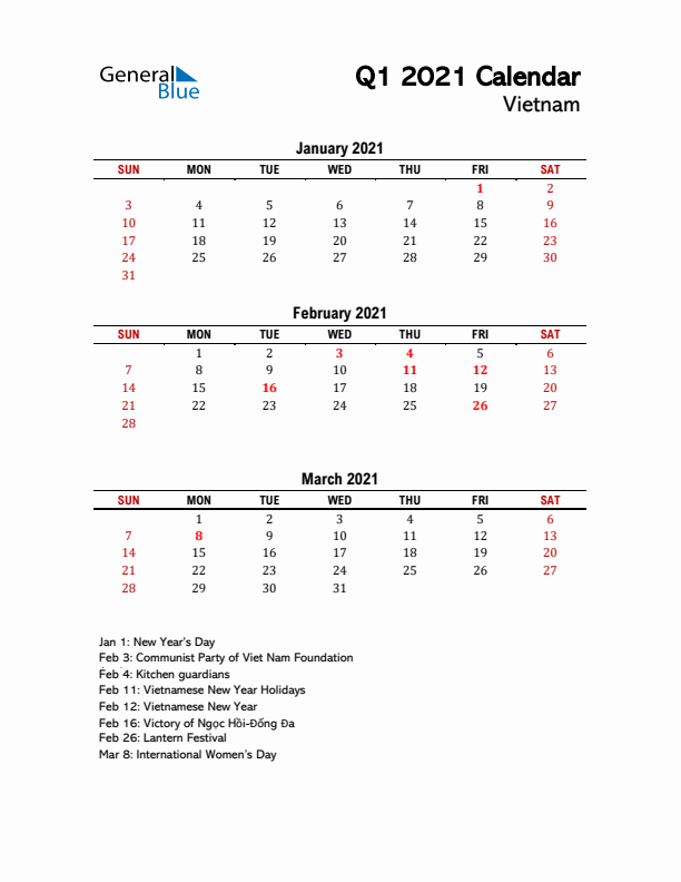 2021 Q1 Calendar with Holidays List for Vietnam