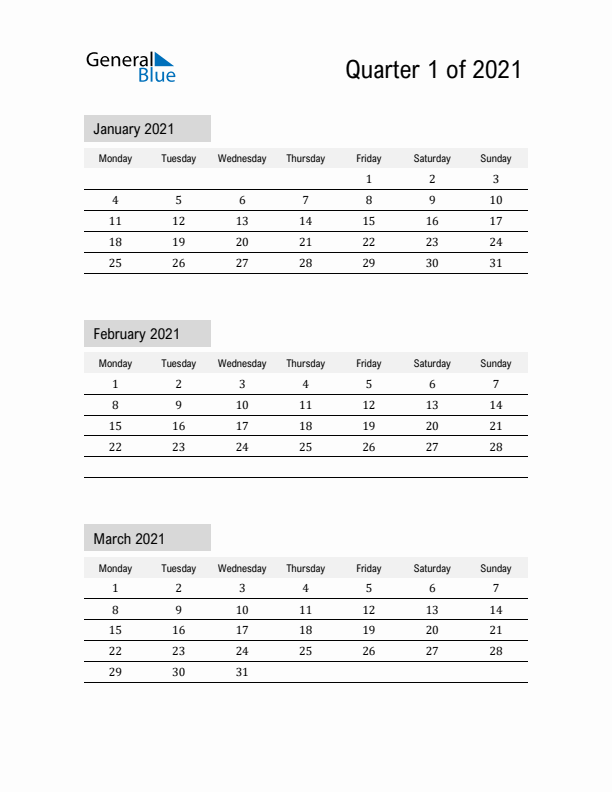 January, February, and March Calendar 2021