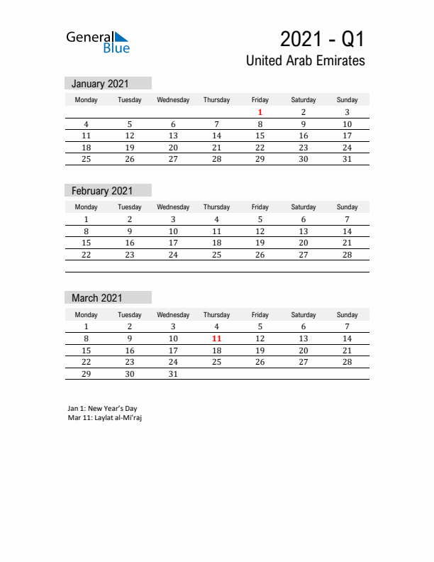 United Arab Emirates Quarter 1 2021 Calendar with Holidays