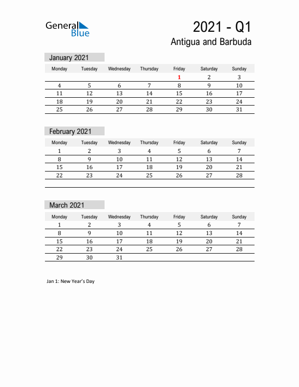 Antigua and Barbuda Quarter 1 2021 Calendar with Holidays