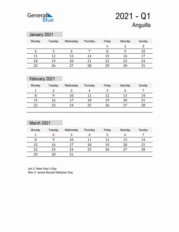 Anguilla Quarter 1 2021 Calendar with Holidays