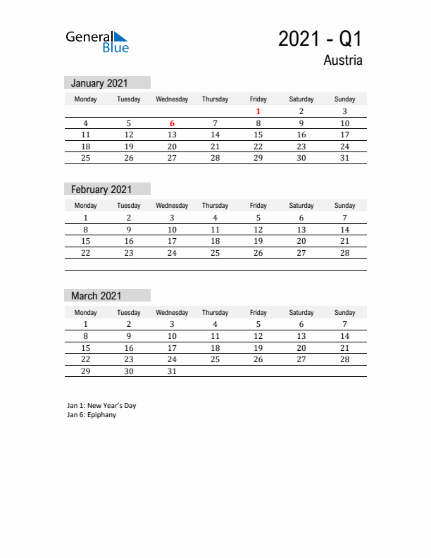 Austria Quarter 1 2021 Calendar with Holidays