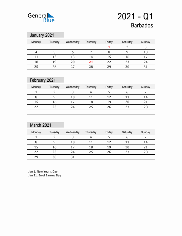 Barbados Quarter 1 2021 Calendar with Holidays
