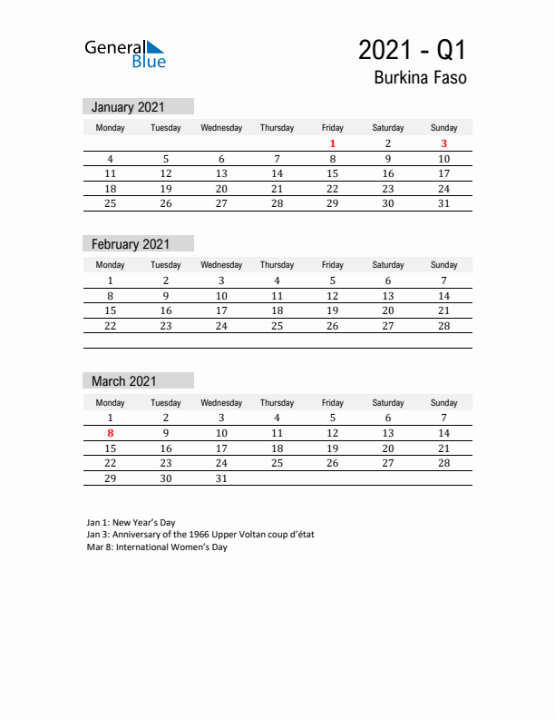 Burkina Faso Quarter 1 2021 Calendar with Holidays
