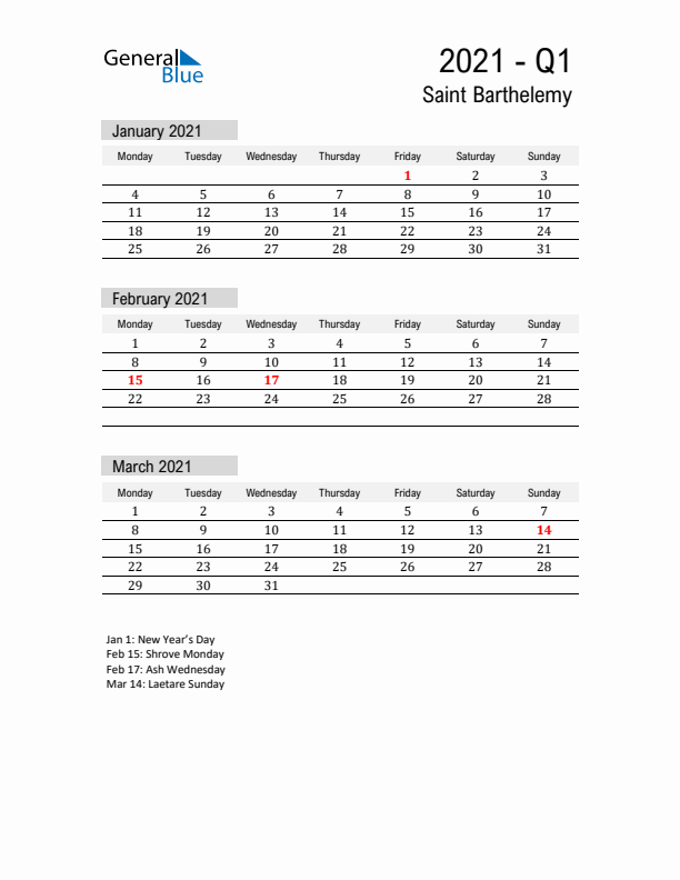 Saint Barthelemy Quarter 1 2021 Calendar with Holidays