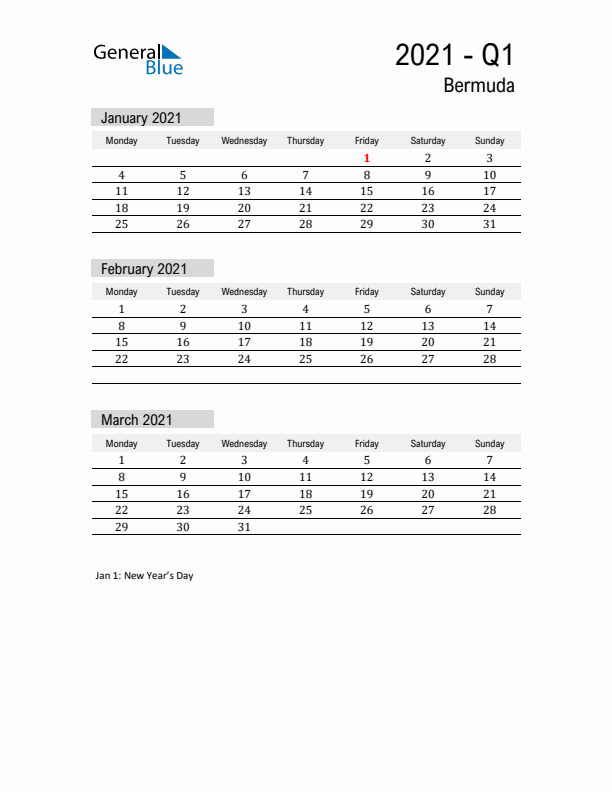 Bermuda Quarter 1 2021 Calendar with Holidays