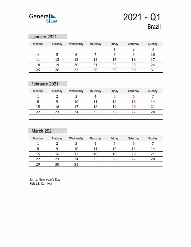 Brazil Quarter 1 2021 Calendar with Holidays