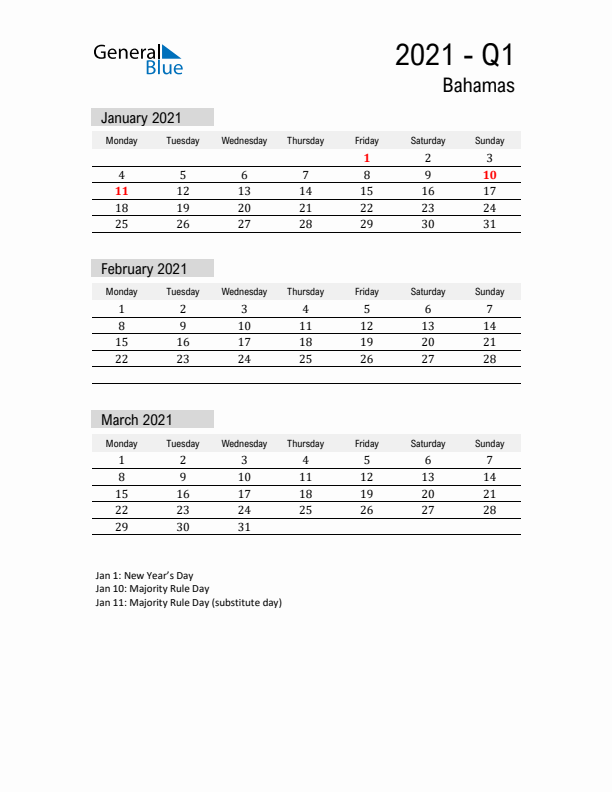 Bahamas Quarter 1 2021 Calendar with Holidays
