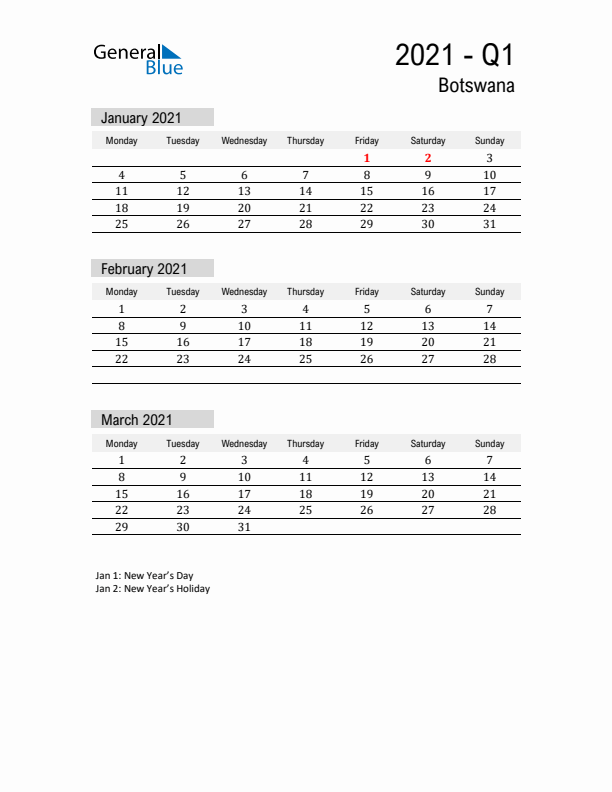 Botswana Quarter 1 2021 Calendar with Holidays