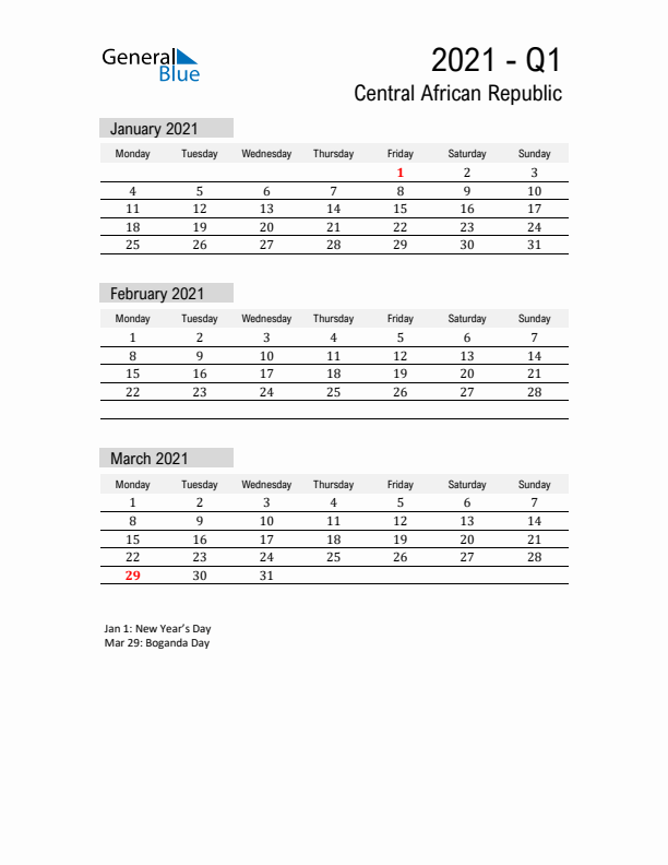 Central African Republic Quarter 1 2021 Calendar with Holidays