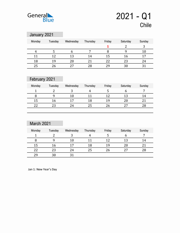 Chile Quarter 1 2021 Calendar with Holidays