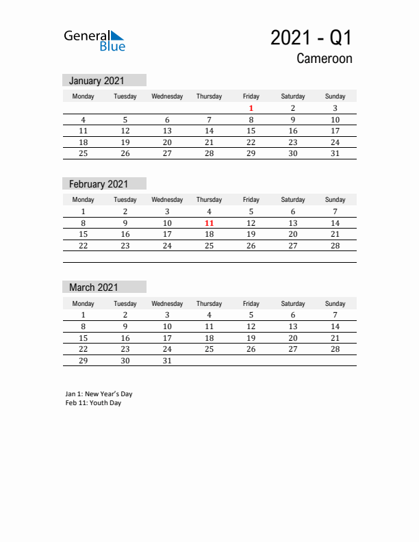 Cameroon Quarter 1 2021 Calendar with Holidays