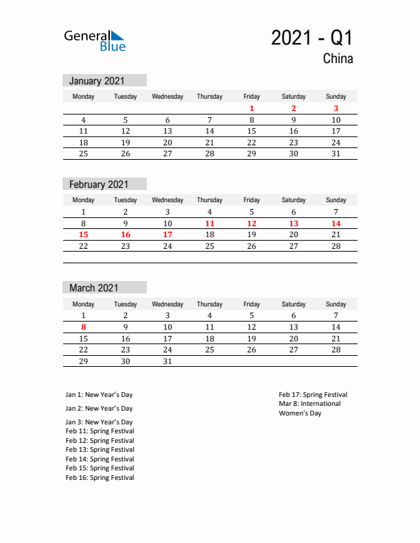 China Quarter 1 2021 Calendar with Holidays