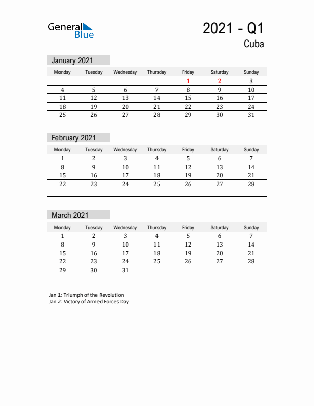 Cuba Quarter 1 2021 Calendar with Holidays