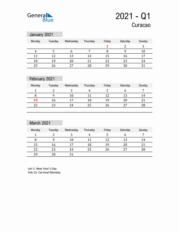 Curacao Quarter 1 2021 Calendar with Holidays