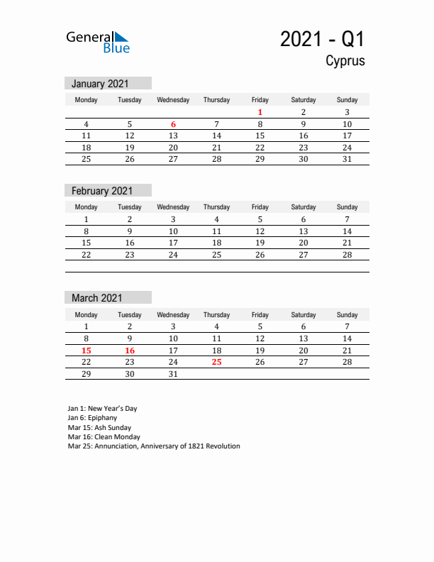 Cyprus Quarter 1 2021 Calendar with Holidays