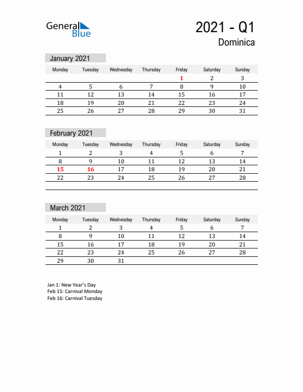 Dominica Quarter 1 2021 Calendar with Holidays