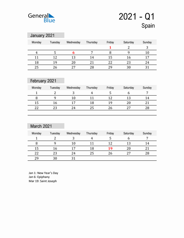 Spain Quarter 1 2021 Calendar with Holidays