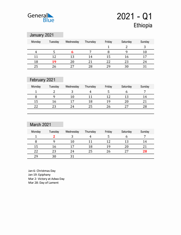 Ethiopia Quarter 1 2021 Calendar with Holidays