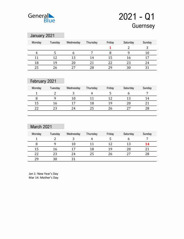 Guernsey Quarter 1 2021 Calendar with Holidays