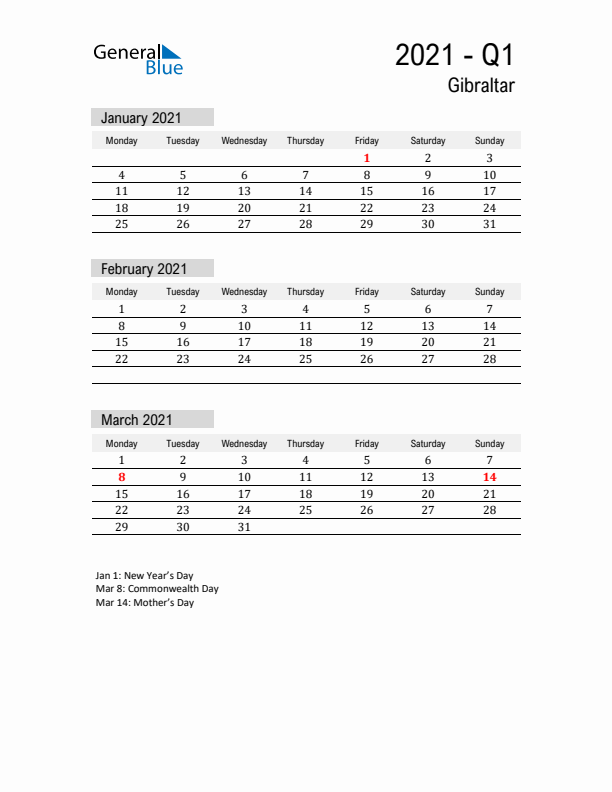 Gibraltar Quarter 1 2021 Calendar with Holidays