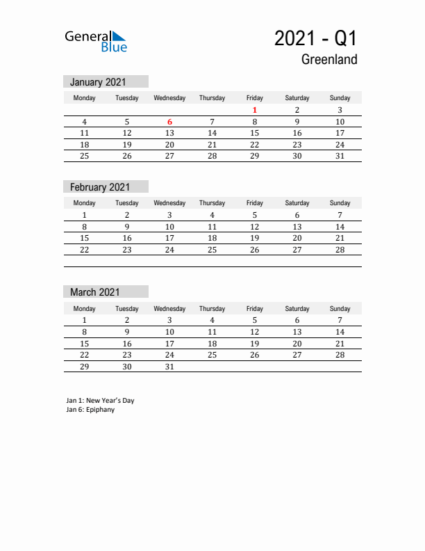 Greenland Quarter 1 2021 Calendar with Holidays