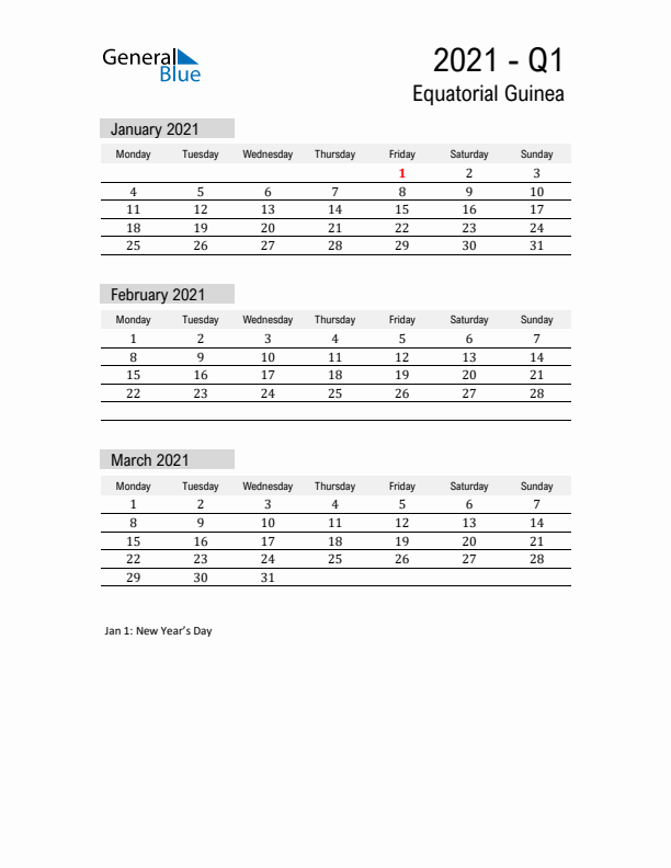 Equatorial Guinea Quarter 1 2021 Calendar with Holidays
