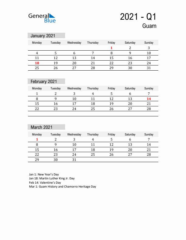 Guam Quarter 1 2021 Calendar with Holidays