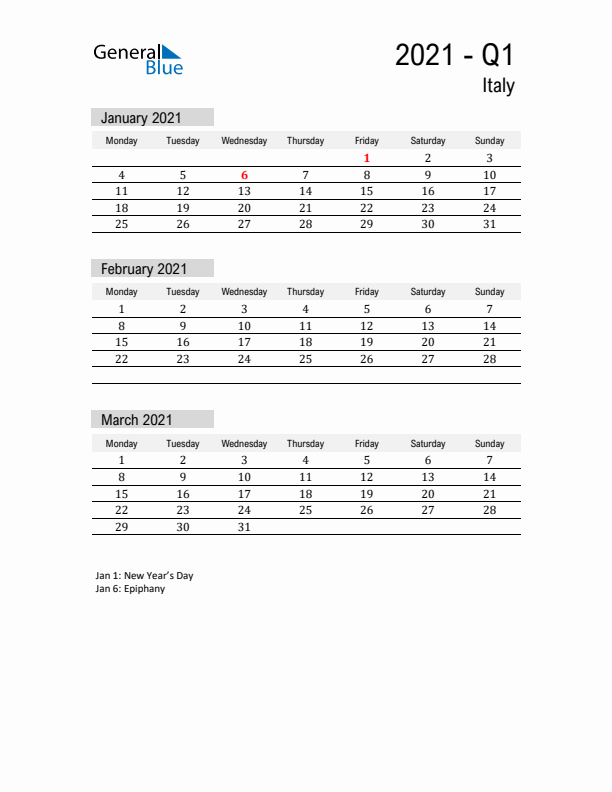 Italy Quarter 1 2021 Calendar with Holidays