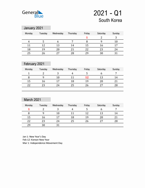 South Korea Quarter 1 2021 Calendar with Holidays