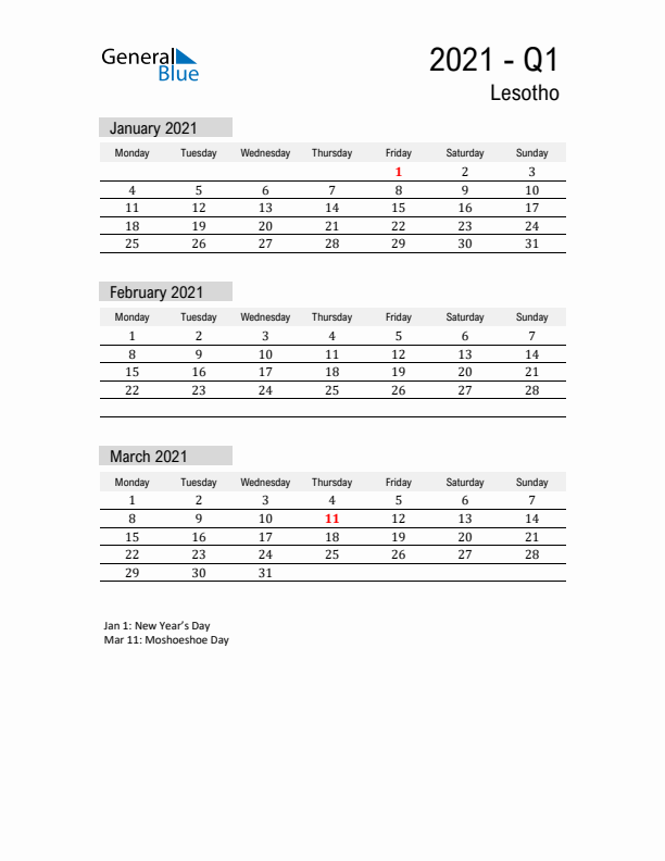 Lesotho Quarter 1 2021 Calendar with Holidays