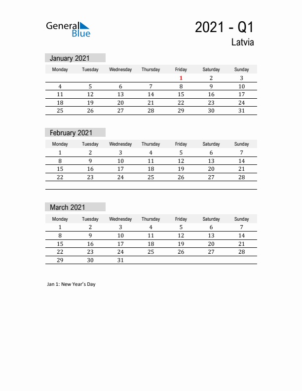Latvia Quarter 1 2021 Calendar with Holidays