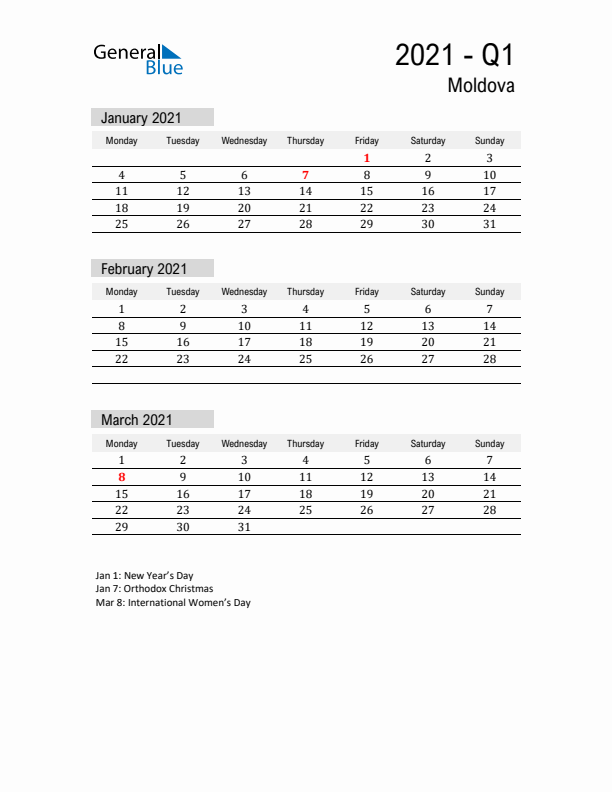 Moldova Quarter 1 2021 Calendar with Holidays