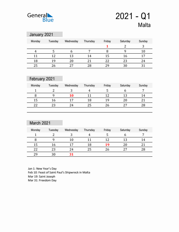 Malta Quarter 1 2021 Calendar with Holidays