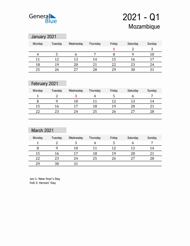 Mozambique Quarter 1 2021 Calendar with Holidays