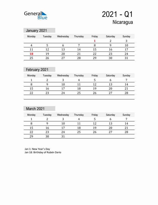 Nicaragua Quarter 1 2021 Calendar with Holidays