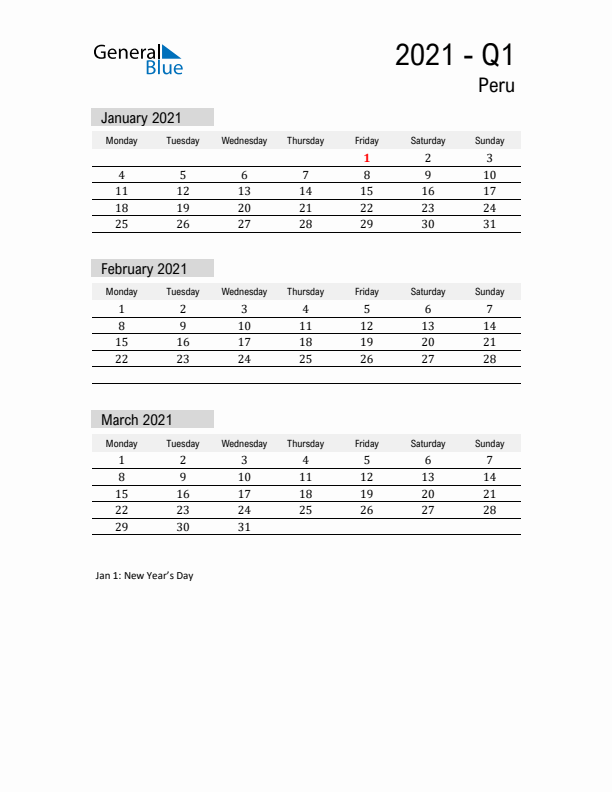 Peru Quarter 1 2021 Calendar with Holidays