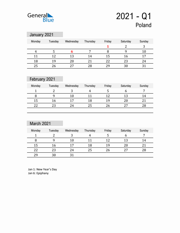 Poland Quarter 1 2021 Calendar with Holidays
