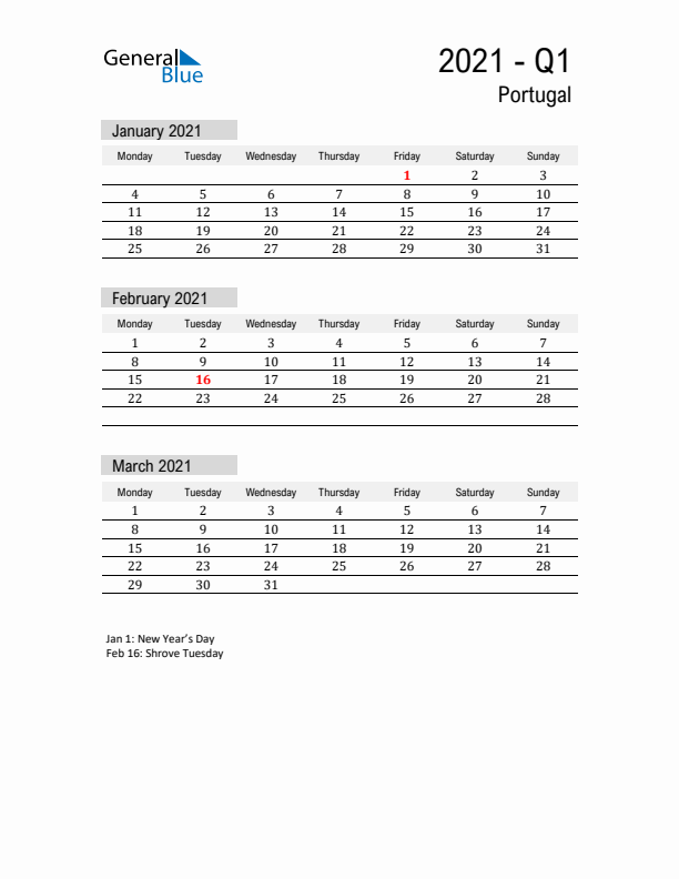 Portugal Quarter 1 2021 Calendar with Holidays